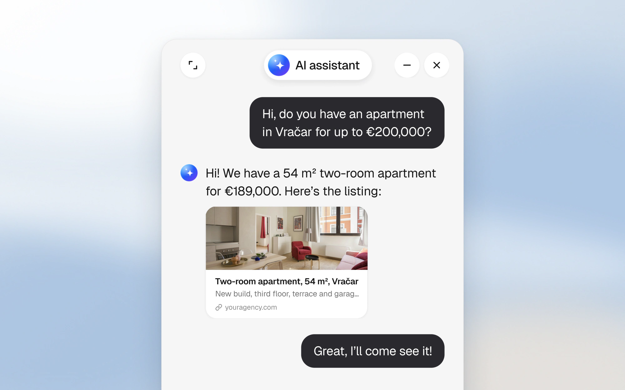 AI assistant sending a listing for a two-room apartment in Vračar