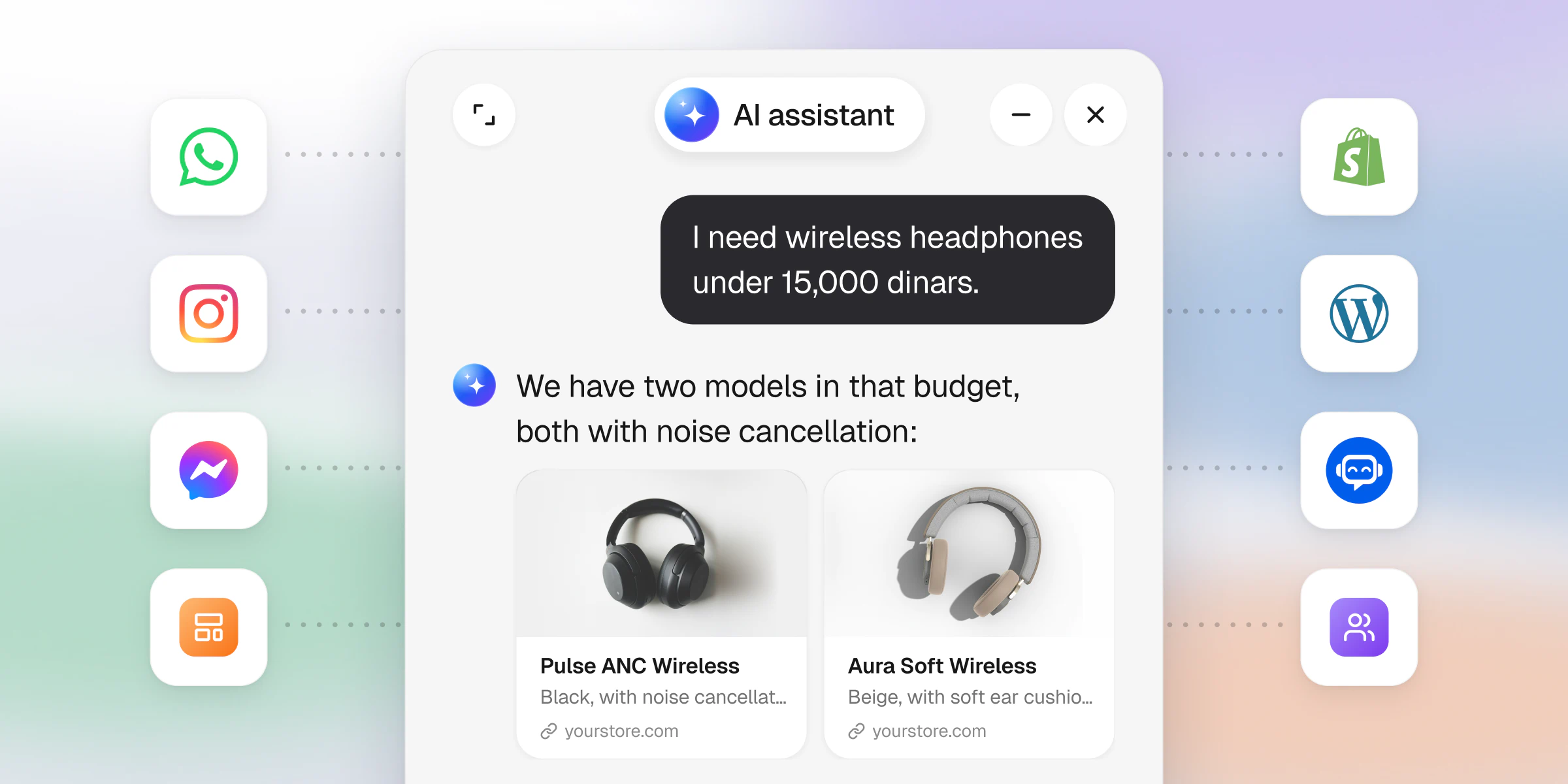 The AI assistant window, where a shopper asks for wireless headphones under 15,000 dinars and the assistant suggests two models from the store. Around it are icons for WhatsApp, Instagram, Messenger, Shopify, WordPress and other tools the assistant connects to.